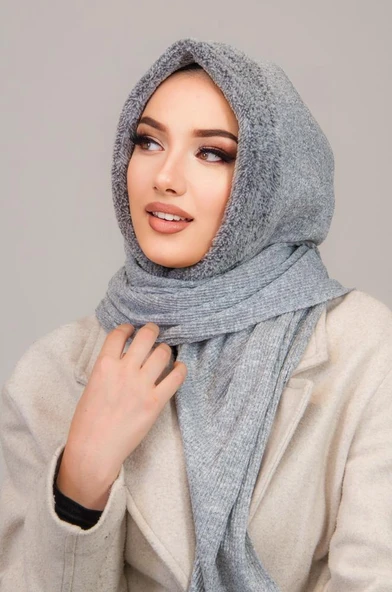 Gri Kürk Kapüşonlu Çıtçıtlı Şal - Resim 2