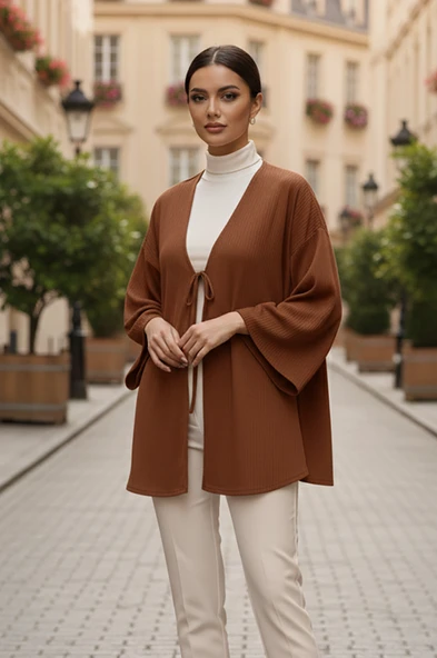 Taba Önü Bağlamalı Kimono Tunik / Likralı Ütü İstemez Kumaş ürün görseli 1