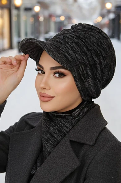 Siyah Gri Melanj Tesettür Şapka ve Etol Takım ürün görseli 1