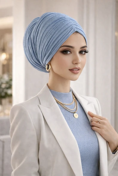 Bebe Mavi Işıltılı Piliseli Büzgülü Salaş Bone - Resim 2