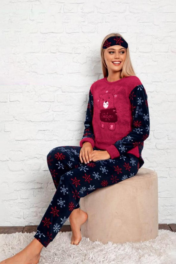Kadın Pembe-Lacivert Renk Ayıcık Desenli Polar Kumaş AZL-6184Pijama Takımı ürün görseli 1