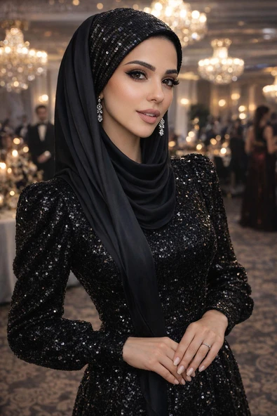 Siyah Payetli Bandana Abiye Şal ürün görseli 1