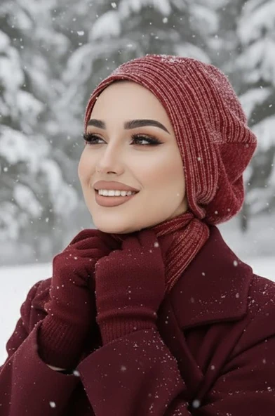 Bordo Desen Tesettür Bere - Resim 2