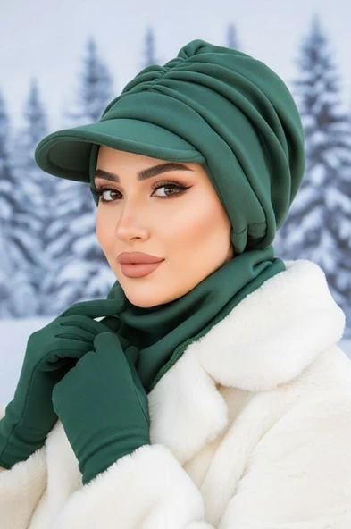Zümrüt Kışlık Büzgülü Tesettür Şapka Ve Etol Takım ürün görseli 1