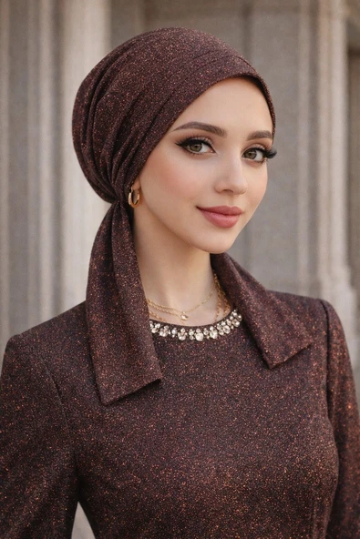 Bakır Siyah Işıltılı Abiye Eşarp Bone ürün görseli 1