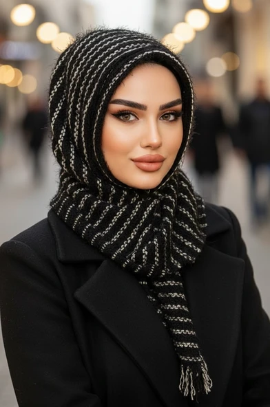 Siyah Beyaz Kapüşonlu Kışlık Çıtçıtlı Şal ürün görseli 1