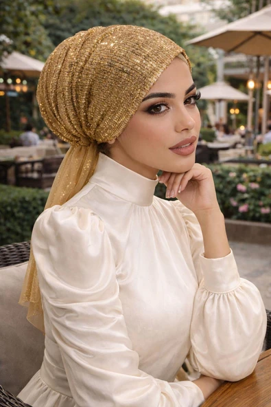 Gold Payetli Abiye Eşarp Bone - Resim 2