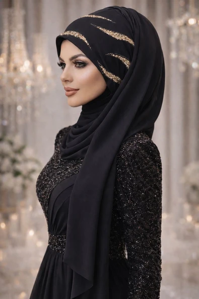 Siyah Gold Simli Abiye Şal - Resim 2