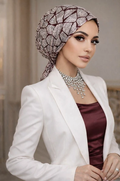 Bordo Gümüş Simli Abiye Eşarp Bone ürün görseli 1