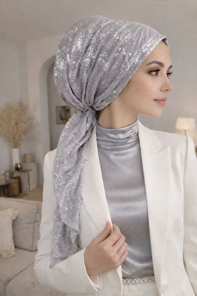 Gümüş Varaklı Eşarp Bone ürün görseli 1