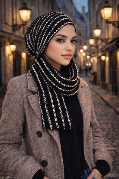 Siyah Çizgili Kelebek Bone Şal ürün görseli 1
