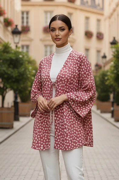 Pudra Çiçekli Önü Bağlamalı Kimono Tunik / Ütü İstemez 85 CM BOY ürün görseli 1
