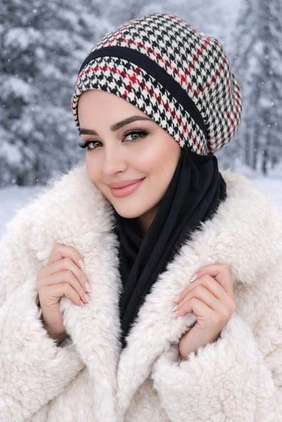 Siyah Kırmızı Kazayağı Tesettür Bere Şal ürün görseli 1