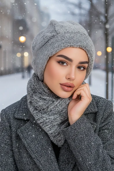 Gri Melanj Welsoft Etol ve Tesettür Bere Takım ürün görseli 1
