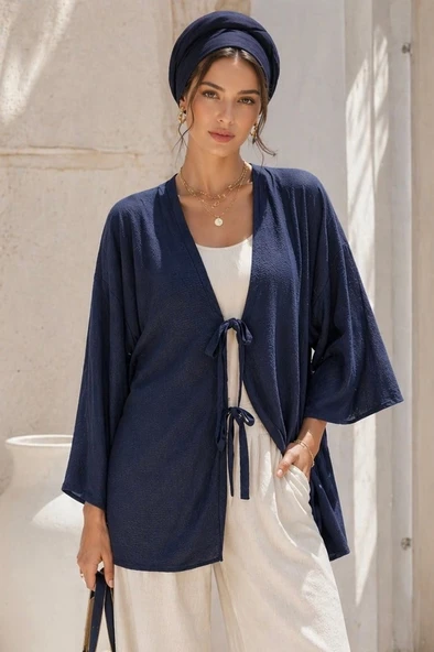 Lacivert Önü Bağlamalı Kimono Tunik /Likralı Yazlık Kumaş ürün görseli 1