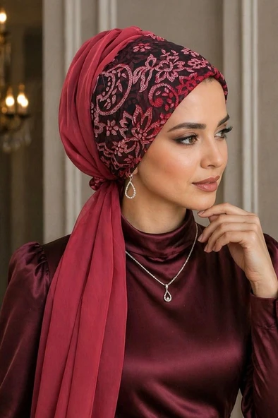 Kırmızı Siyah Abiye Tokalı Bone / Hazır Duvak ürün görseli 1