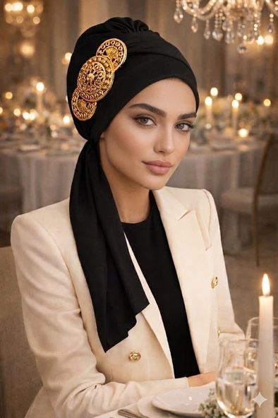Siyah Gold Aksesuarlı Abiye Atkılı Bone ürün görseli 1