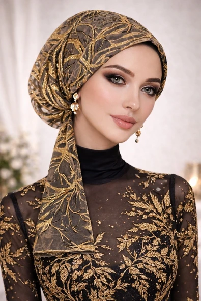 Siyah Gold Simli Abiye Eşarp Bone - Resim 3