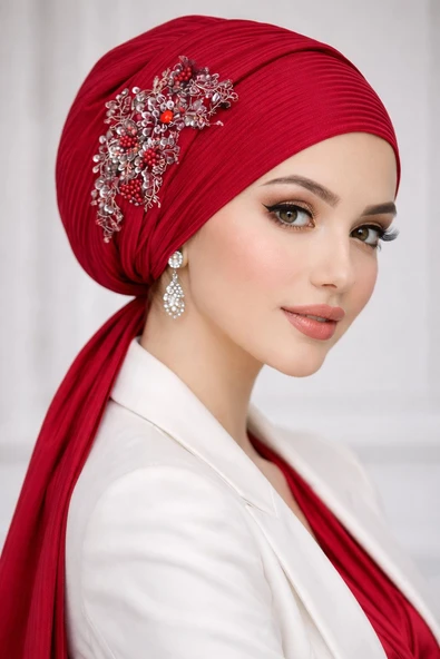 Açık Bordo Nakışlı Abiye Atkılı Bone ürün görseli 1