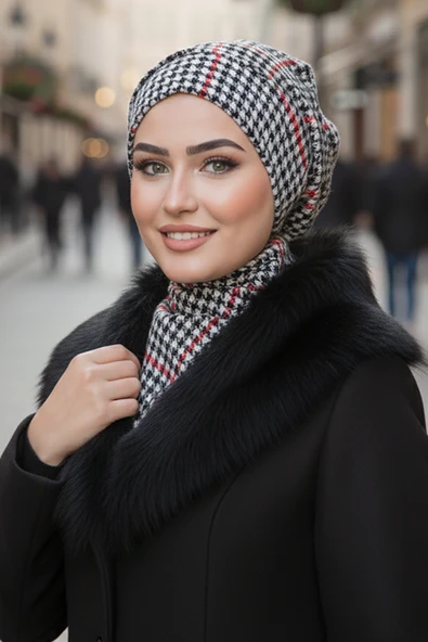 Kırmızı Siyah Kazayağı Tesettür Bere ve Etol Takım ürün görseli 1