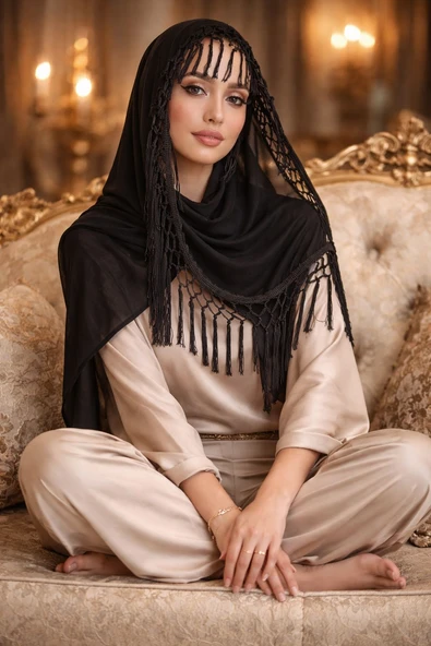 Siyah Püsküllü Şifon Şal 170cmx65cm - Resim 2