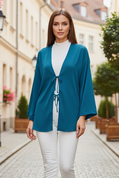 Petrol Mavi Önü Bağlamalı Kimono Tunik / Likralı Yazlık Kumaş ürün görseli 1