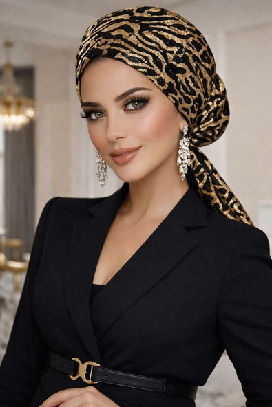 Siyah Gold Payet İşlemeli Eşarp Bone - Resim 3