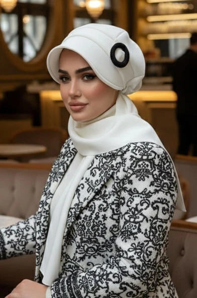 Beyaz Siyah Tokalı Tesettür Şapka ürün görseli 1