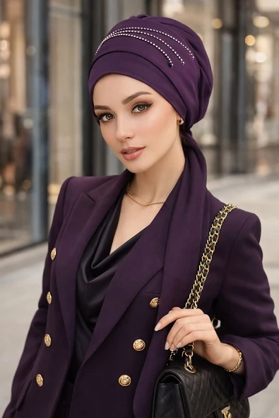 Mürdüm Taşlı Abiye Atkılı Bone ürün görseli 1