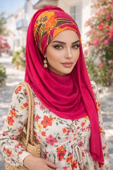 Fuşya Turuncu Çiçek Bandana Hazır Şal ürün görseli 1