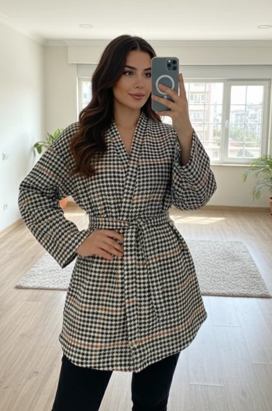 Siyah Taba Kaşe Kazayağı Desen Kuşaklı Kimono Ceket / Kışlık Ürün ürün görseli 1