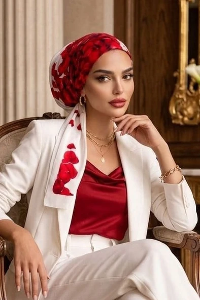 Beyaz Kırmızı Gül Desen Eşarp Bone ürün görseli 1
