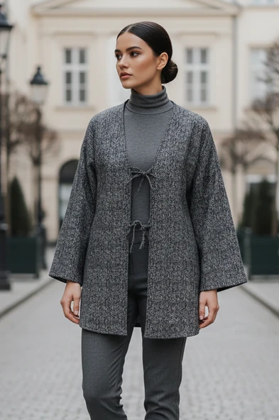 Antrasit Kırçıllı Önü Bağlamalı Kimono Tunik / Likralı Ütü İstemez Kumaş ürün görseli 1