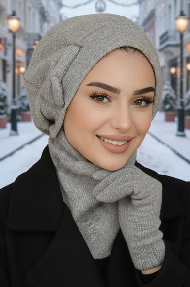 Gri Melanj Fiyonklu Tesettür Bere ve Etol Takım ürün görseli 1