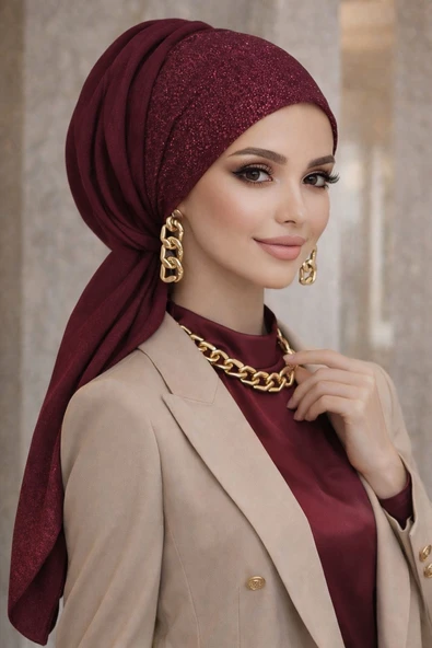Bordo Simli Abiye Tokalı Bone / Hazır Duvak ürün görseli 1