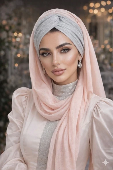 Gümüş Pudra Simli Burgu Model Hazır Abiye Şal ürün görseli 1