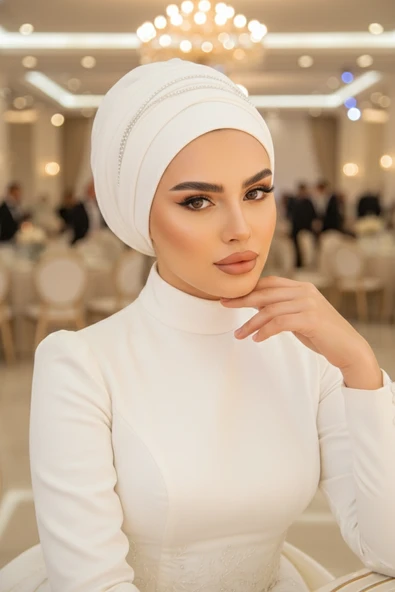 Beyaz Taşlı Atkılı Abiye Bone - Resim 2