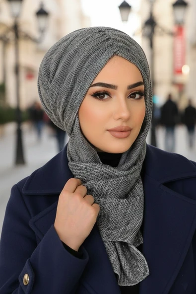 Gri Desen Kelebek Model Büzgülü Bone Şal ürün görseli 1