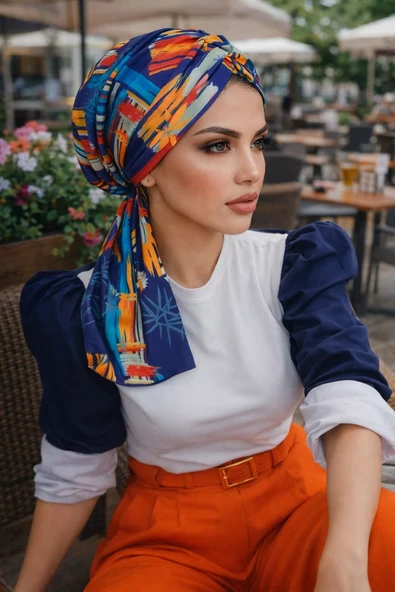 Lacivert Suluboya Büzgülü Eşarp Bone ürün görseli 1