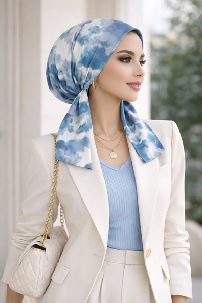 Mavi Batik Desen Eşarp Bone - Resim 2
