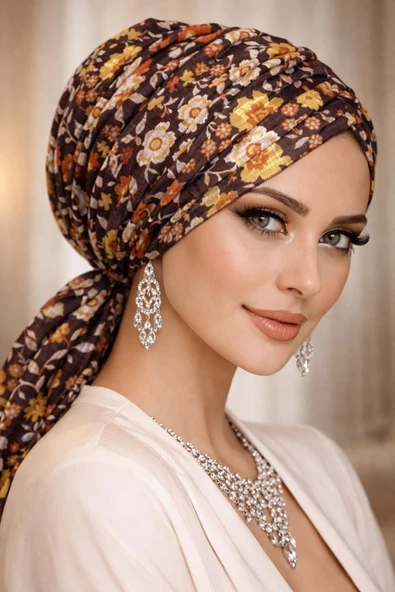 Bej Kahve Çiçek Desen Tokalı Bone ürün görseli 1