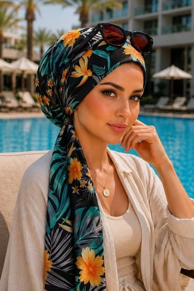 Yeşil Siyah Yaprak Desen Eşarp Bone - Resim 2