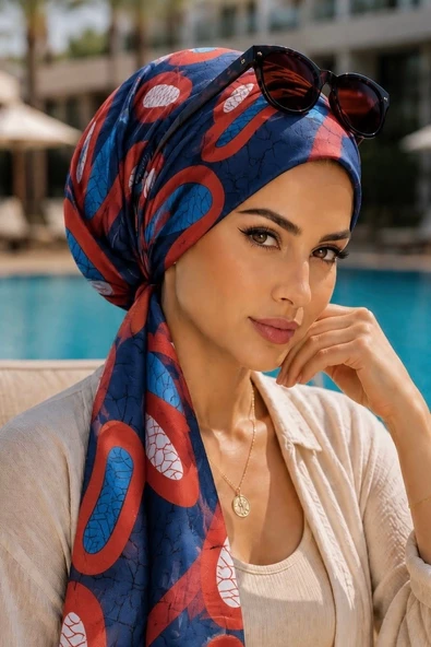 Lacivert Kırmızı Çatlak Desen Eşarp Bone ürün görseli 1