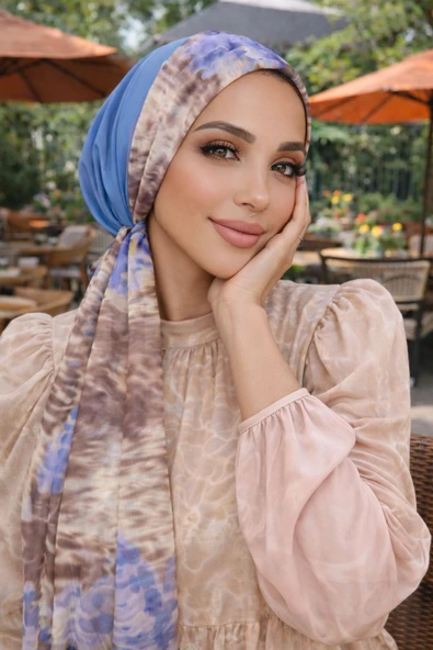 Mavi Bej Batik Desen Eşarp Bone ürün görseli 1