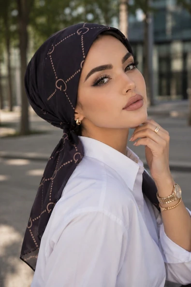 Siyah Marka Desen Eşarp Bone - Resim 2
