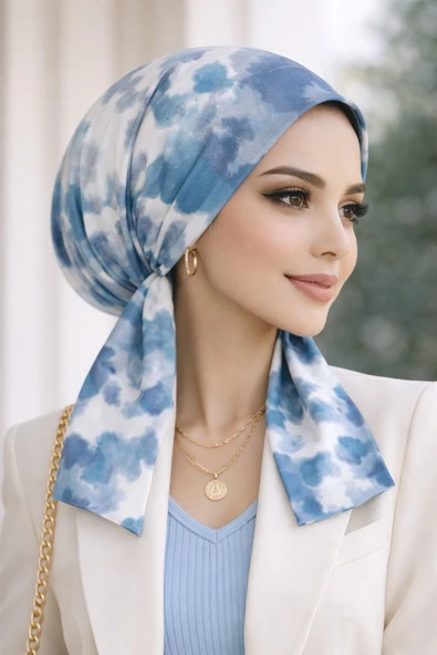 Mavi Batik Desen Eşarp Bone ürün görseli 1