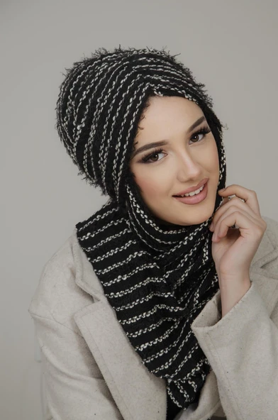 Siyah Çizgili Kelebek Model Büzgülü Bone Şal ürün görseli 1