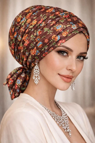 Kahve Çıtır Çiçek Desen Tokalı Bone ürün görseli 1