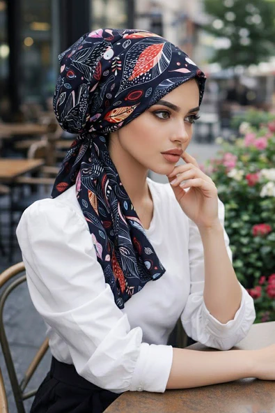 Siyah Yaprak Desen Eşarp Bone ürün görseli 1
