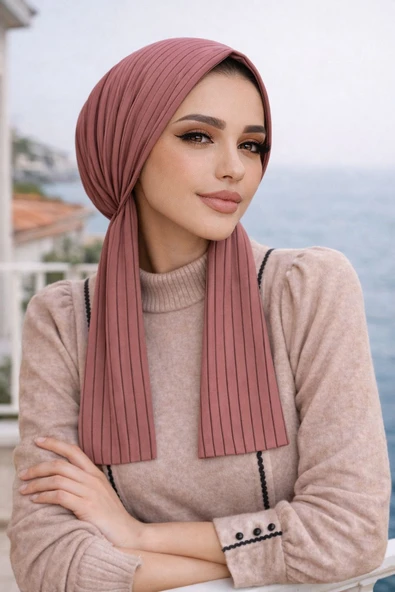 Gülkurusu Çizgili Eşarp Bone ürün görseli 1